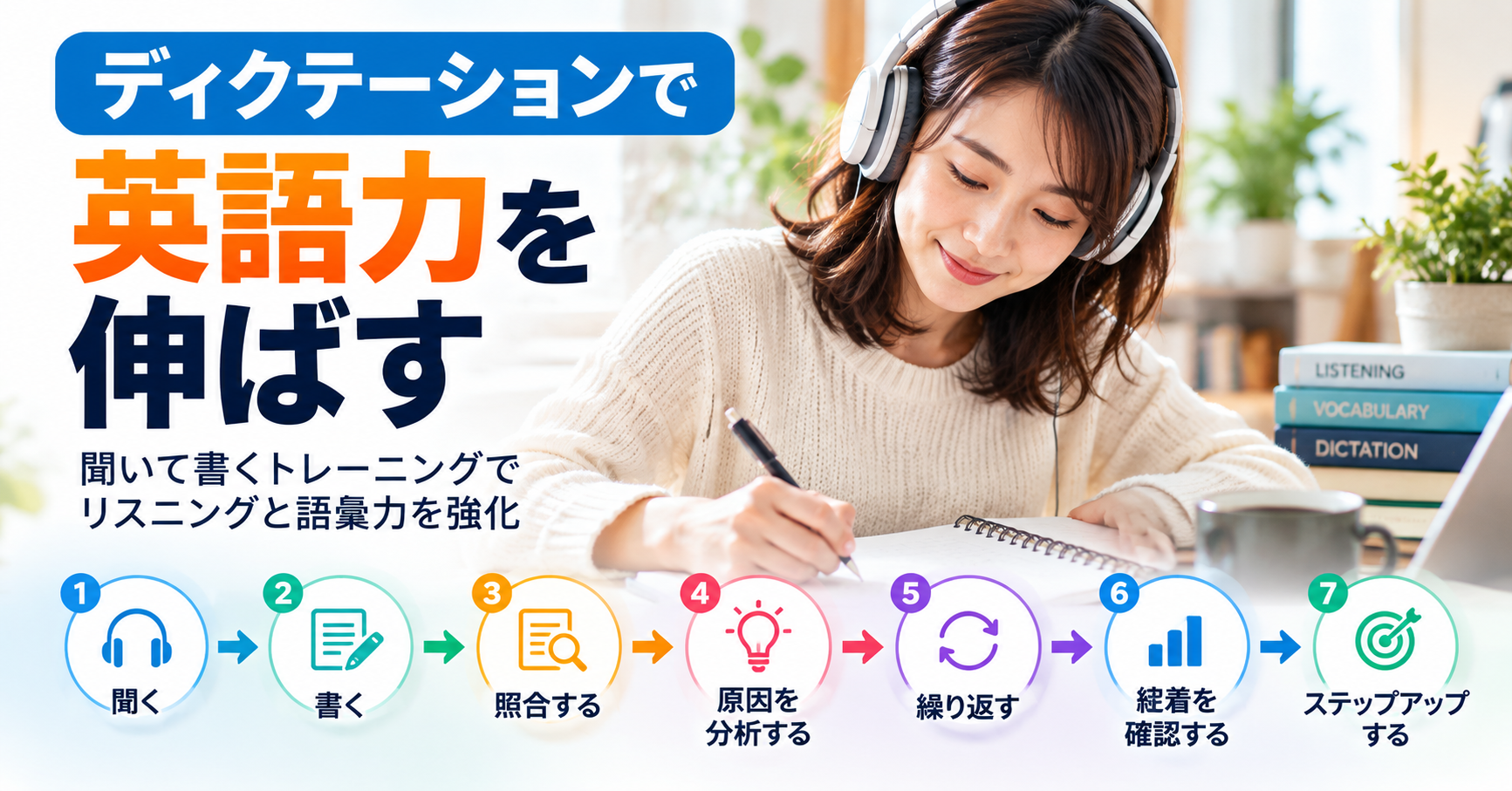 英語のディクテーションを行う7ステップを示した図解